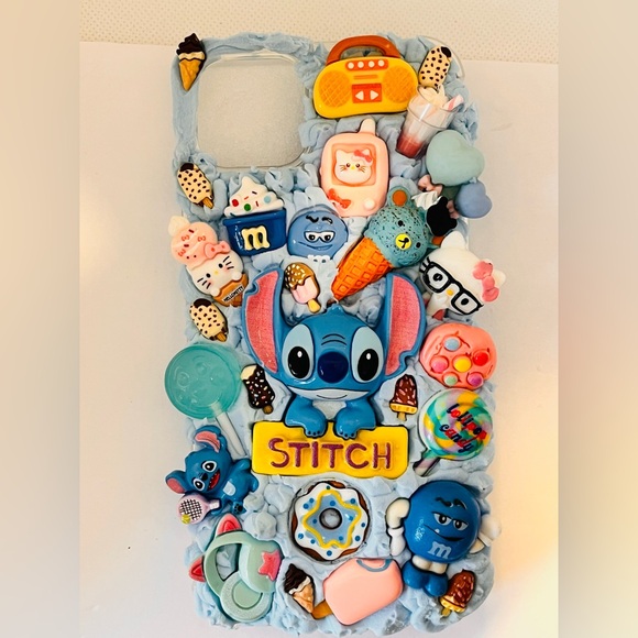 Handmade Stitch Blue Decoden custom Phone Case with Pastel Charms handmade - Picture 6 of 11